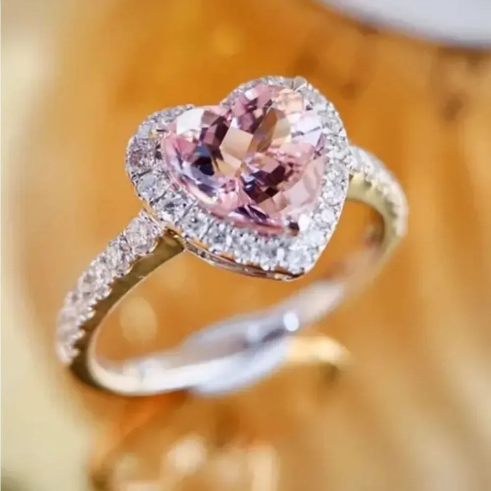 Ladies Pink Lab Created Diamond Trendy heart promise ring sz 7
